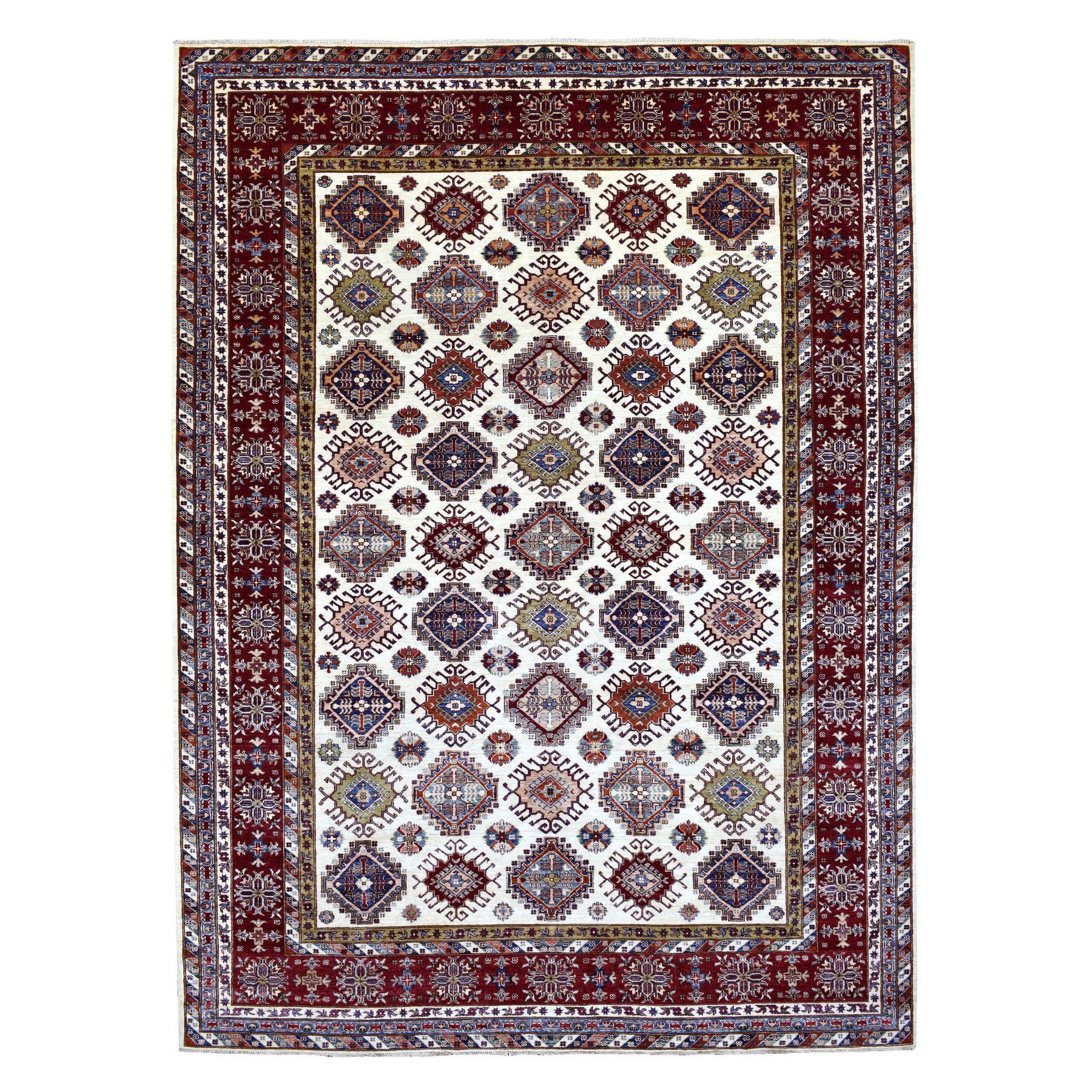 9'1"x12'4" Ivory with a Dark Red Border Super Kazak with Colorful Repetitive Medallions Afghan Shiny Wool Hand Knotted Oriental Rug 